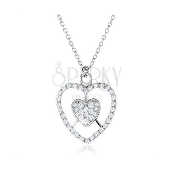 Stříbrný náhrdelník 925, srdce a kontura srdce s čirými zirkony