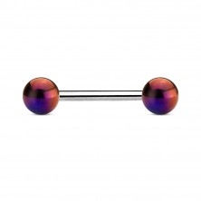 Ocelový piercing do jazyka, dvě barevné kuličky s metalickým leskem