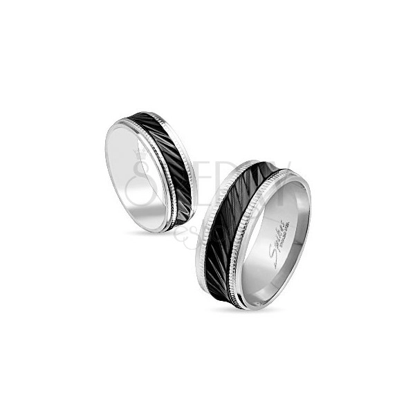 Ocelový prsten stříbrné barvy, černý pruh se šikmými zářezy, vroubky, 8 mm