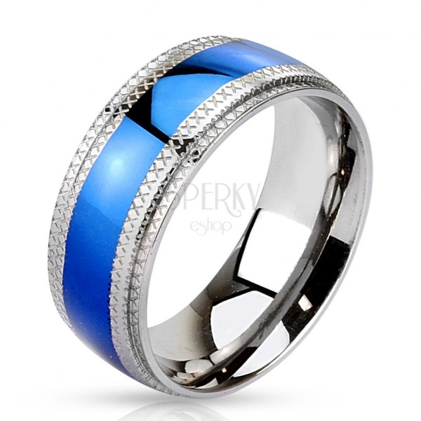 Ocelový prsten - modrý pruh uprostřed, vroubkované okraje