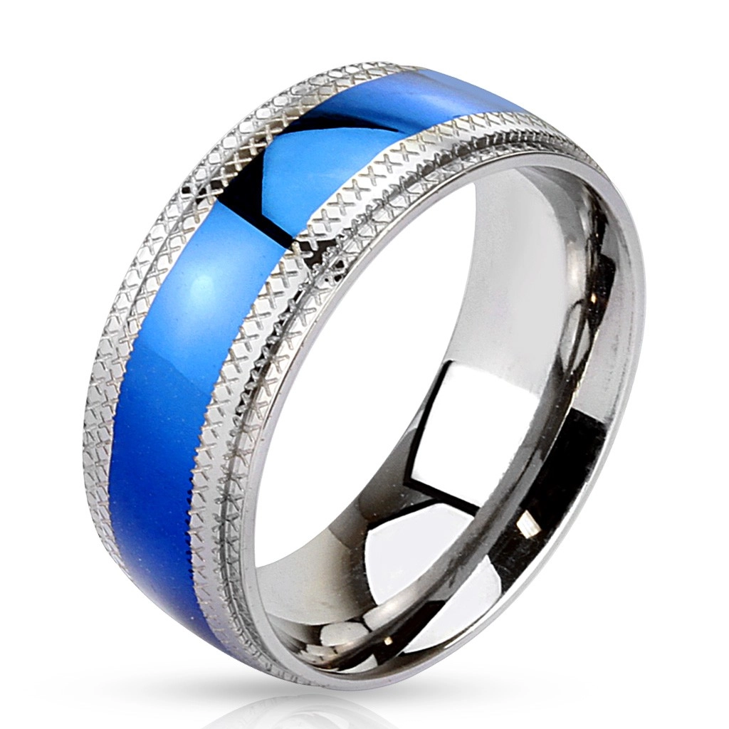 Ocelový prsten - modrý pruh uprostřed, vroubkované okraje - Velikost: 59