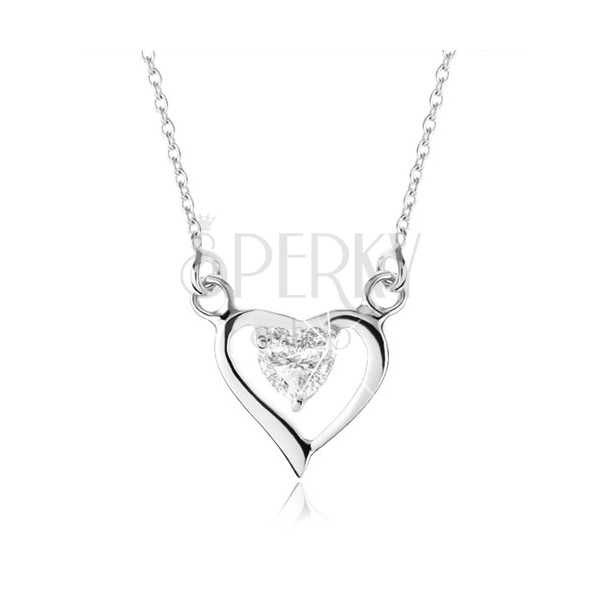 Stříbrný náhrdelník 925, obrys asymetrického srdce, zirkonové srdíčko