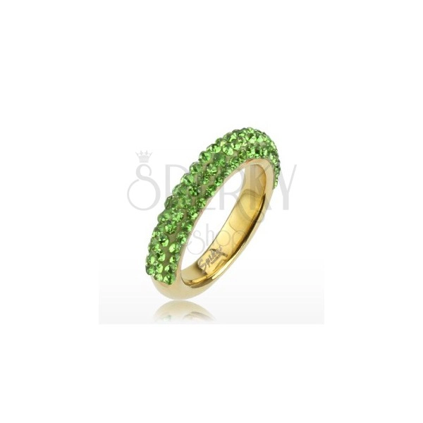 Třpytivý prsten zlaté barvy z oceli, linie světle zelených kamínků