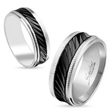 Ocelový prsten stříbrné barvy, černý pás se šikmými zářezy, vroubky, 6 mm