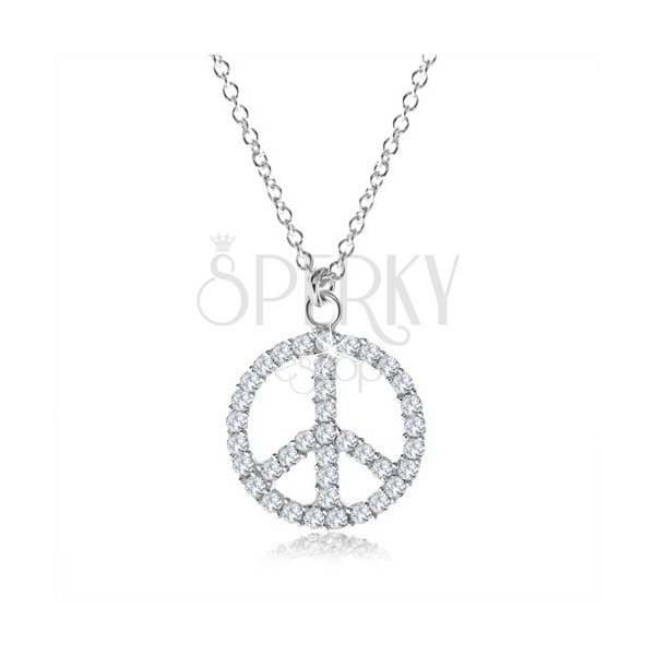 Stříbrný náhrdelník 925, symbol míru vykládaný čirými zirkony