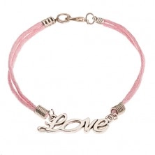 Růžový šňůrkový náramek, přívěsek stříbrné barvy - nápis "Love"