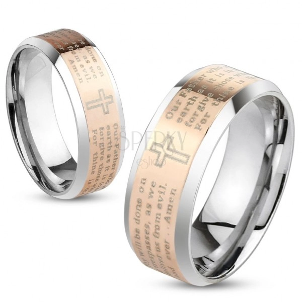 Ocelový prsten stříbrné a měděné barvy, modlitba Otčenáš v angličtině, 6 mm