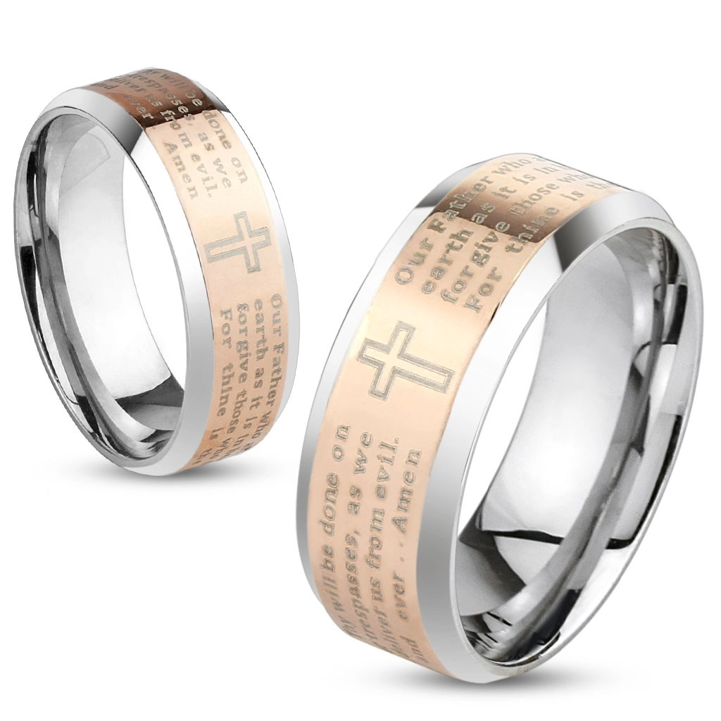 Ocelový prsten stříbrné a měděné barvy, modlitba Otčenáš v angličtině, 6 mm - Velikost: 51