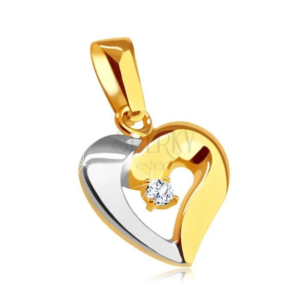 Zlatý dvoubarevný přívěsek 375 - tučný obrys asymetrického srdce, zirkon