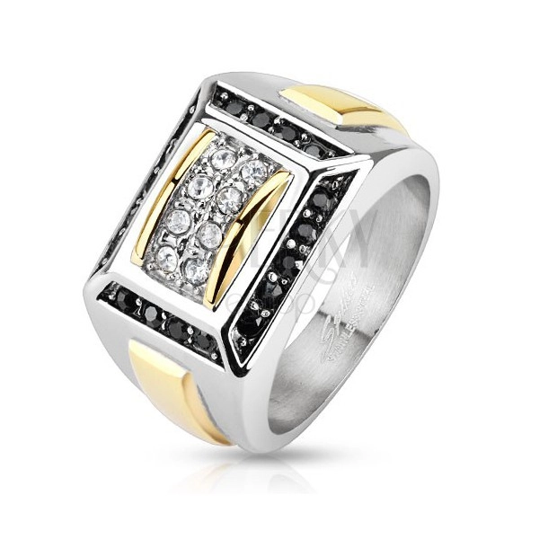 Ocelový prsten stříbrné a zlaté barvy, černé a čiré zirkony, obdélníky