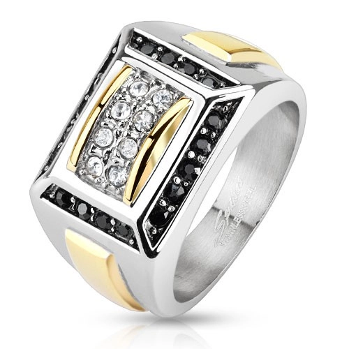 Ocelový prsten stříbrné a zlaté barvy, černé a čiré zirkony, obdélníky - Velikost: 56