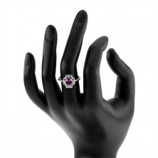 Zásnubní prsten ze stříbra 925, oválný fialový kamínek, zirkonový lem