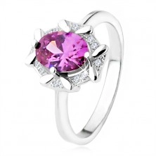 Zásnubní prsten ze stříbra 925, oválný fialový kamínek, zirkonový lem