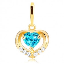 Zlatý přívěsek 375 - zirkonový obrys srdce, modrý srdíčkový topas