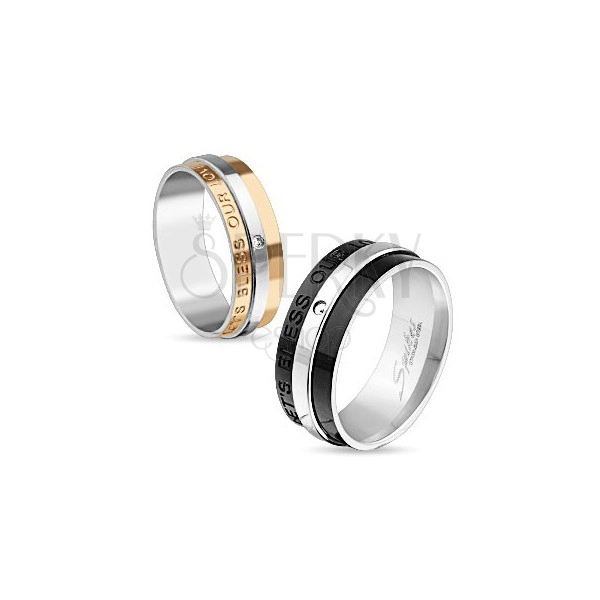 Lesklý ocelový prsten, černá a stříbrná barva, nápis, čirý zirkon, 8 mm