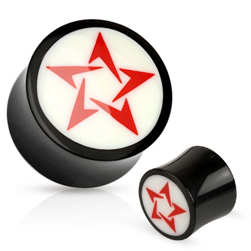 Kruhový černobílý plug do ucha z přírodního materiálu, červená hvězda - Tloušťka : 19 mm
