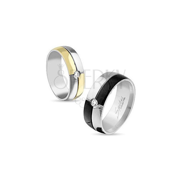 Lesklý prsten z oceli stříbrné a zlaté barvy, ozdobné zářezy, čirý zirkon, 6 mm