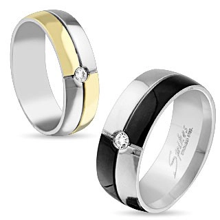 Lesklý prsten z oceli stříbrné a zlaté barvy, ozdobné zářezy, čirý zirkon, 6 mm - Velikost: 54