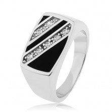 Stříbrný prsten 925, obdélník - šikmé linie čirých zirkonů, černá glazura