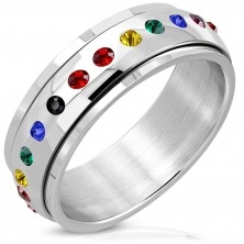 Lesklý ocelový prsten - otáčivý střed, zirkony v barvách duhy