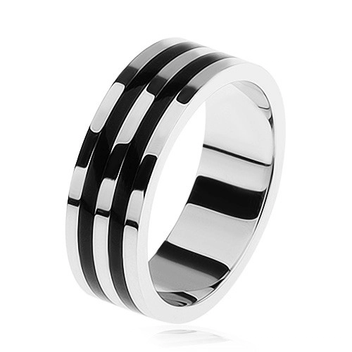 Lesklý prsten ze stříbra 925, dva černé pruhy - Velikost: 70