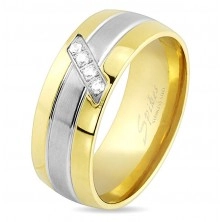 Prsten z oceli, linie zlaté a stříbrné barvy, šikmý pásek čirých zirkonů, 8 mm