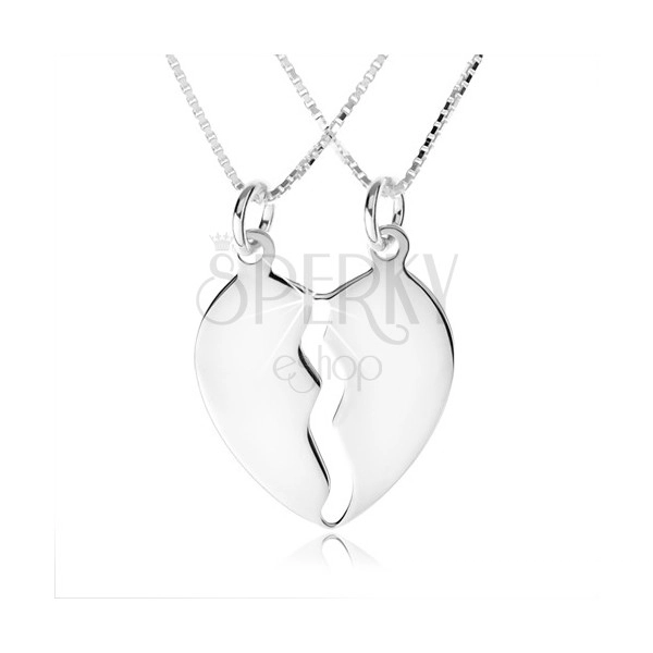 Stříbrný náhrdelník 925, dva řetízky, dvojpřívěsek ve tvaru rozpůleného srdce