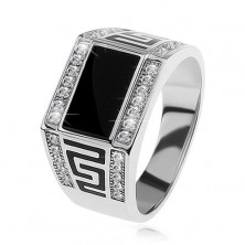 Stříbrný prsten 925, černý obdélník, čiré blyštivé kamínky, řecký klíč