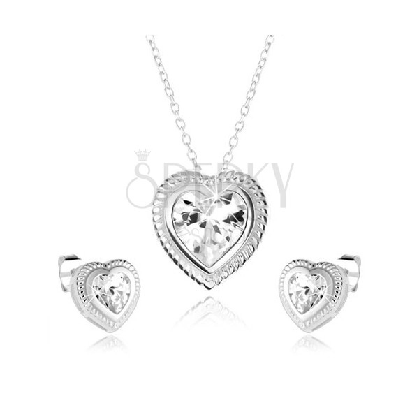 Souprava náhrdelníku a náušnic ze stříbra 925, symetrické srdce, čirý zirkon