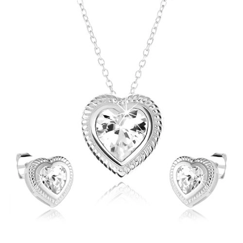 Levně Souprava náhrdelníku a náušnic ze stříbra 925, symetrické srdce, čirý zirkon