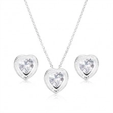 Souprava náhrdelníku a náušnic ze stříbra 925, symetrické srdce, čirý zirkon