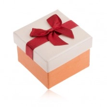 Krabička na prsten, oranžová a béžová barva, bordó stuha, mašle