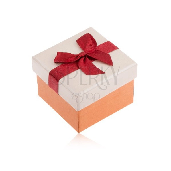 Krabička na prsten, oranžová a béžová barva, bordó stuha, mašle