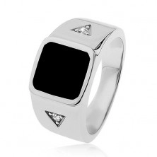 Stříbrný prsten 925, čtverec s černou glazurou, trojúhelníky se zirkonem