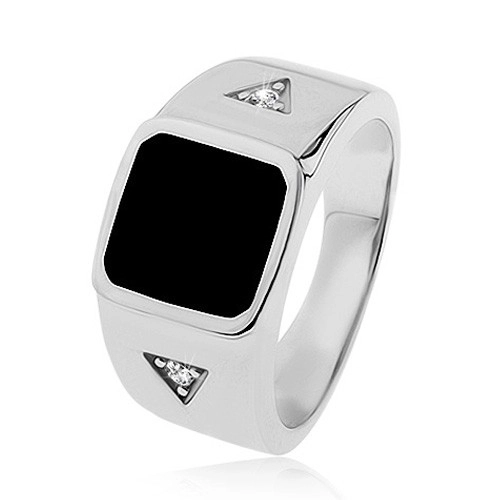Stříbrný prsten 925, čtverec s černou glazurou, trojúhelníky se zirkonem - Velikost: 69