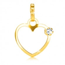 Přívěsek ze žlutého zlata 375, tenká kontura symetrického srdce, zirkonek