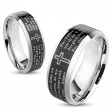 Ocelový prsten stříbrné barvy, černý pásek - modlitba Otčenáš, 8 mm