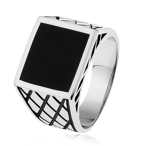 Stříbrný prsten 925, ramena s kosočtverci, černý glazovaný čtverec - Velikost: 54