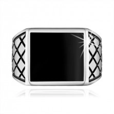 Stříbrný prsten 925, ramena s kosočtverci, černý glazovaný čtverec