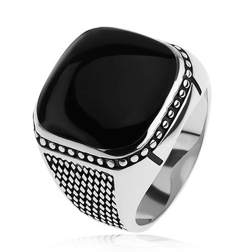 Stříbrný prsten 925, malé kosočtverce, kuličky, černý vypouklý čtverec - Velikost: 64