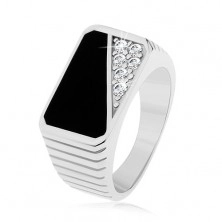 Prsten ze stříbra 925, svislé zářezy, obdélník - černá glazura, čiré zirkony