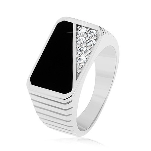 Prsten ze stříbra 925, svislé zářezy, obdélník - černá glazura, čiré zirkony - Velikost: 64