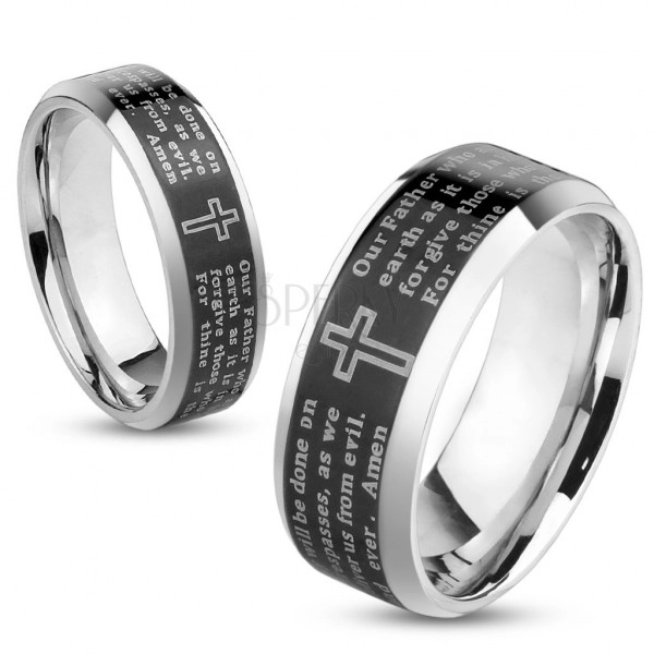 Prsten z oceli, stříbrná barva, černý pásek s modlitbou Otčenáš, 6 mm