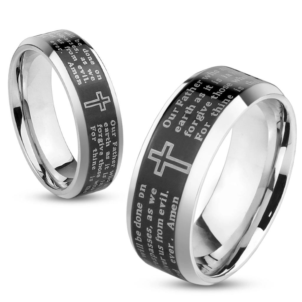 Prsten z oceli, stříbrná barva, černý pásek s modlitbou Otčenáš, 6 mm - Velikost: 56