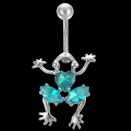 Piercing do pupku z nerezové ocele - lezoucí žába s barevnými zirkony - Barva zirkonu: Čirá - C