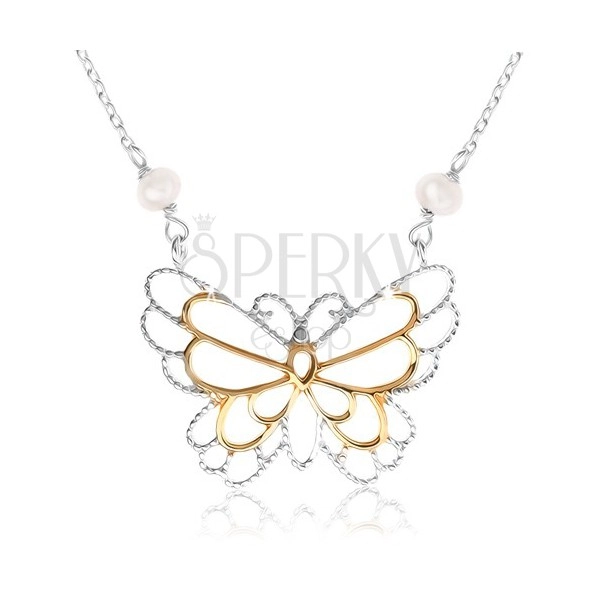 Stříbrný náhrdelník 925, kontura motýlka, vložené perleťové kuličky