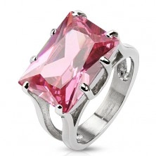 Ocelový prsten ve stříbrné barvě, masivní zirkon - růžový obdélník