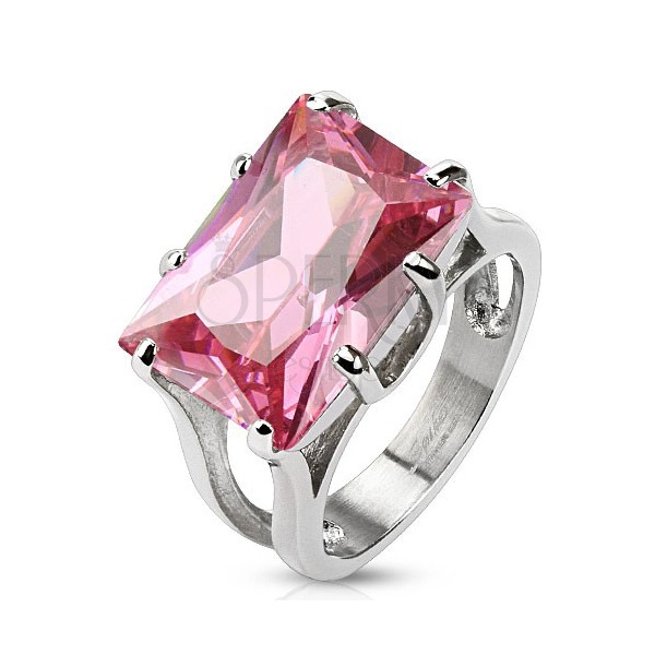 Ocelový prsten ve stříbrné barvě, masivní zirkon - růžový obdélník