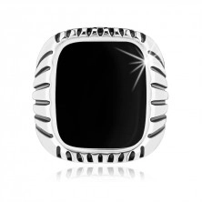 Prsten ze stříbra 925, černé pásky na ramenech, obdélník s černou glazurou
