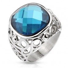 Ocelový prsten, ramena zdobená filigránem, modrý broušený kámen